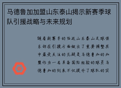 马德鲁加加盟山东泰山揭示新赛季球队引援战略与未来规划